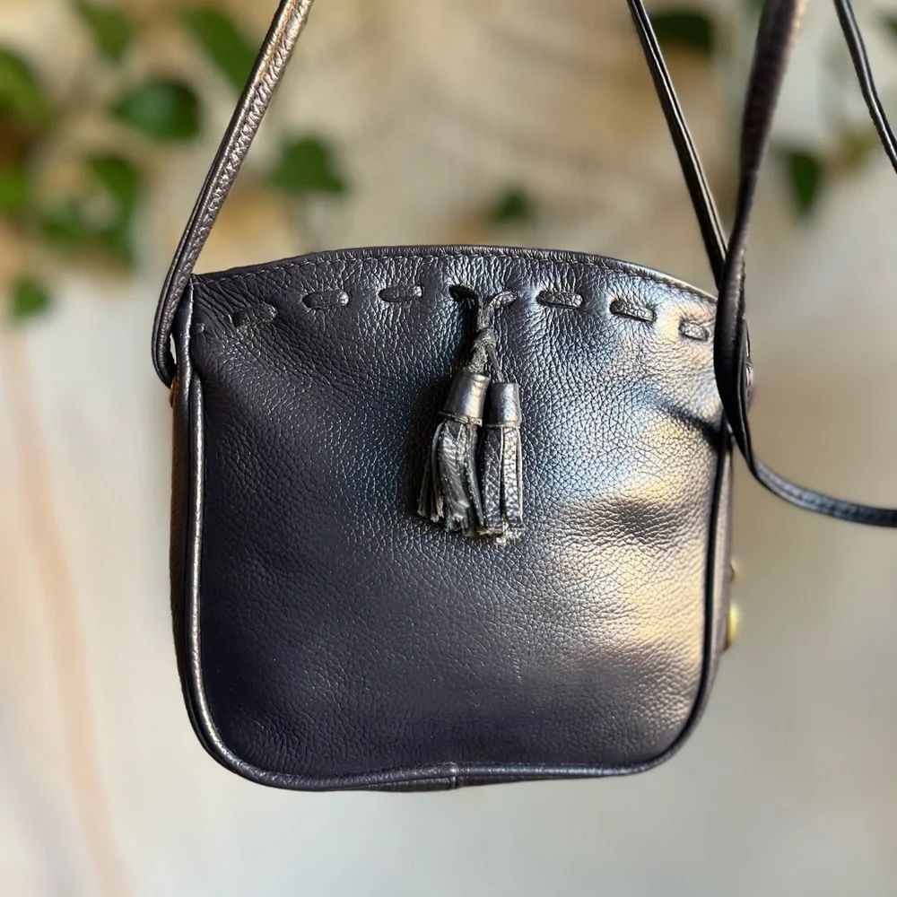 Vintage Anne Klein Oroton Leather Crossbody Bag Navy Leather Tassel Purse 80s